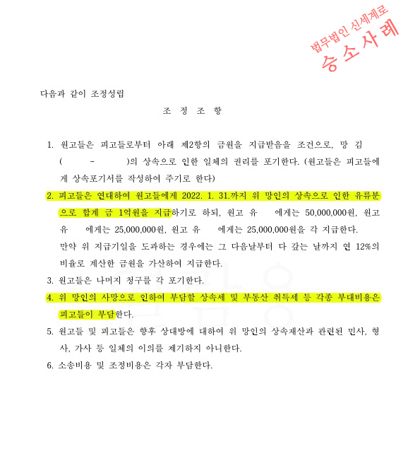 대습상속인으로 유류분반환 청구하여 1억원지급받는것으로 조정성립 — 사례 자료 6