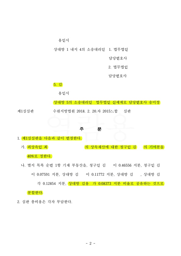 항소심에서 상대방의 기여도를 50%에서 40%로 감축 — 사례 자료 5