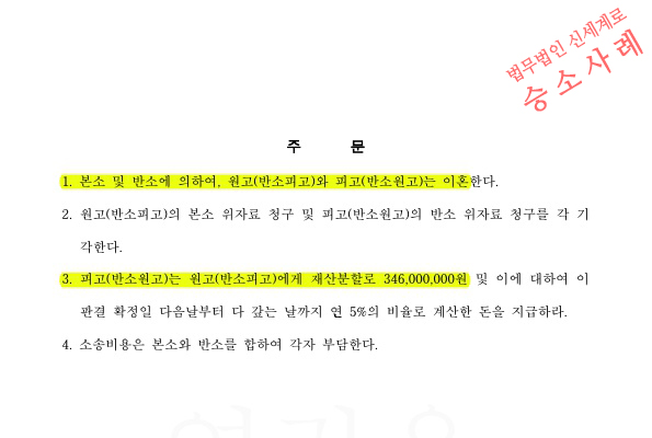 상대방의 부부관계 거부등 극단적인 성격차이로 이혼청구, 재산분할 40%(3억 4600만원)지급받고 이혼 승소 — 사례 자료 5